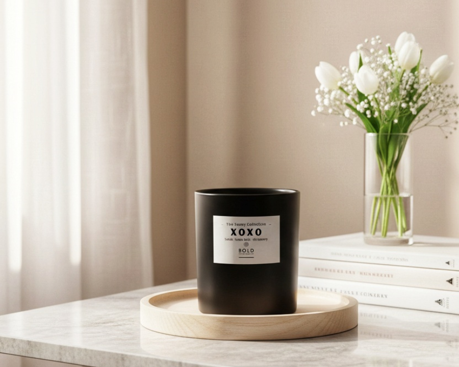 Black candle with a label on a wooden tray on a marble surface, with a vase of white flowers in the background.