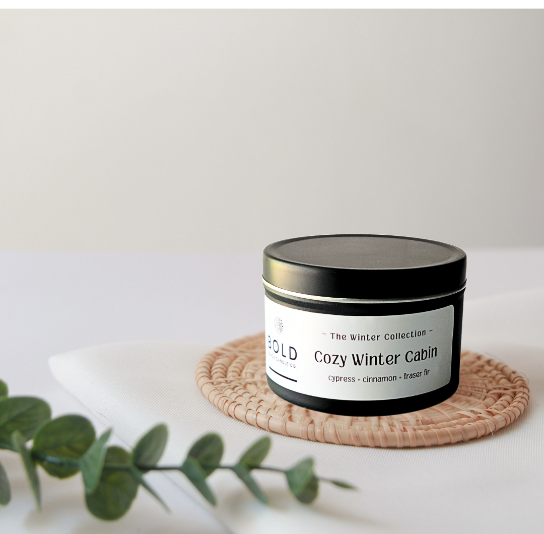Cozy Winter Cabin -6 oz matte black tin