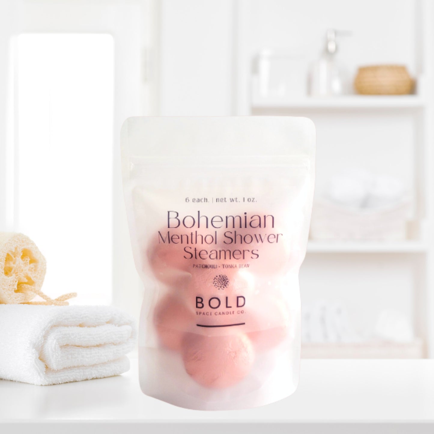 Bohemian aromatherapy shower steamers styled in warm spa-inspired bathroom decor