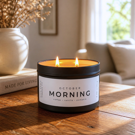 A lit double-wick scented candle in a black metal tin sits on a wooden table in a softly lit living room. The white label reads 'OCTOBER MORNING' with 'coffee + vanilla + pumpkin' below it.
