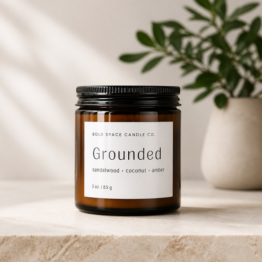 Candle labeled 'Grounded' by Bold Space Candle Co. on a neutral background with a plant.