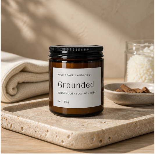 Candle jar labeled 'Grounded' by Bold Space Candle Co. on a stone surface with a neutral background.