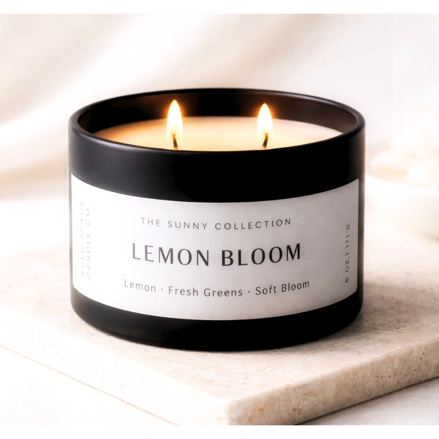 Lemon Bloom candle styled in bright, clean space with citrus and greenery, fresh spring home decor scent