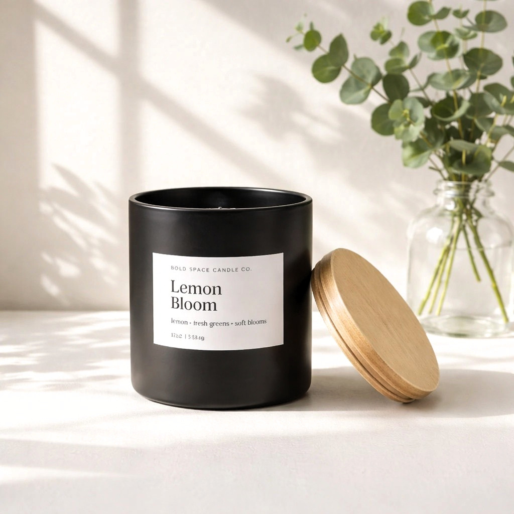 Large Candle on counter with sunshine coming through window. Lemon Bloom soy candle has notes of lemon, greens, and lilac