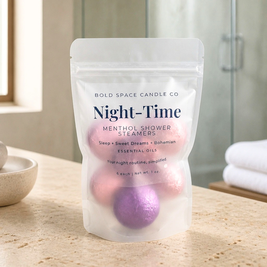 6 pack of shower steamers on bathroom counter. Nighttime routine