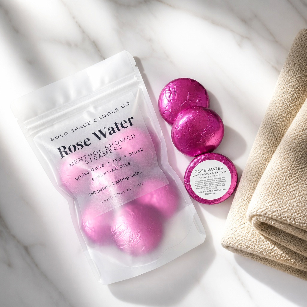 A clear stand-up pouch labeled 'Rose Water' by Bold Space Candle Co. sits on a white marble surface beside three shiny magenta flower buds and a folded beige towel.
