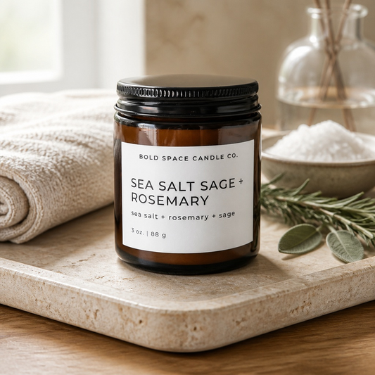 Candle jar labeled 'Sea Salt Sage + Rosemary' on a wooden surface with a neutral background