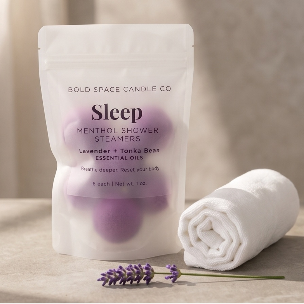 Sleep menthol shower steamers by Bold Space Candle Co with a white towel and lavender flower on a neutral background