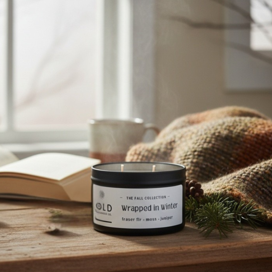 Candle jar labeled 'Wrapped in Winter' on a wooden surface with a cozy background