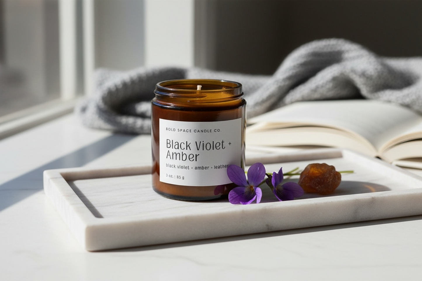 Candle labeled 'Black Violet Amber' on a marble tray with flowers and a book in the background
