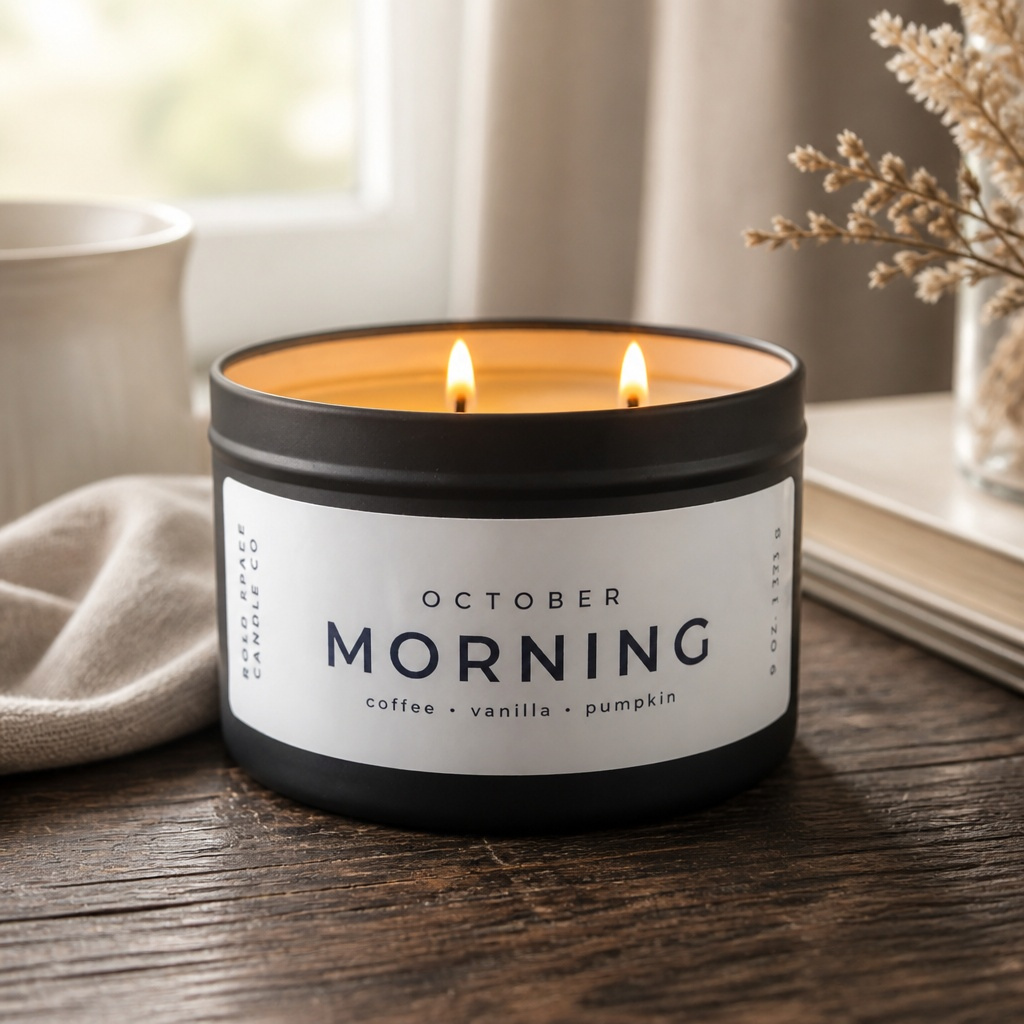 A lit two-wick candle in a matte black tin sits on a wooden table in a softly styled room setting. The white label reads 'OCTOBER MORNING' with 'coffee + vanilla + pumpkin' underneath.