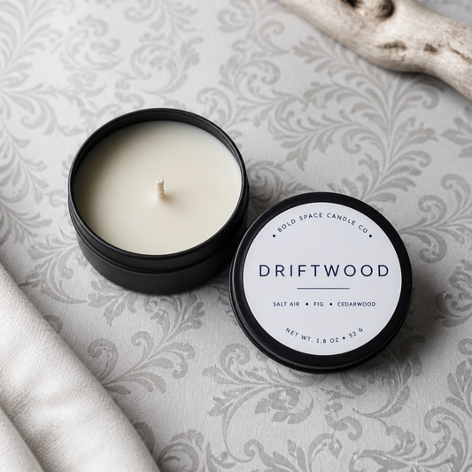 An open black metal candle tin showing creamy off-white wax, with the matching lid placed beside it. The label reads 'DRIFTWOOD' and 'SOLID SPACE CANDLE CO.