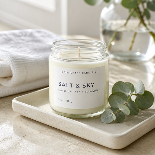 Candle labeled 'Salt & Sky' from Gold Space Candle Co on a tray with eucalyptus leaves.