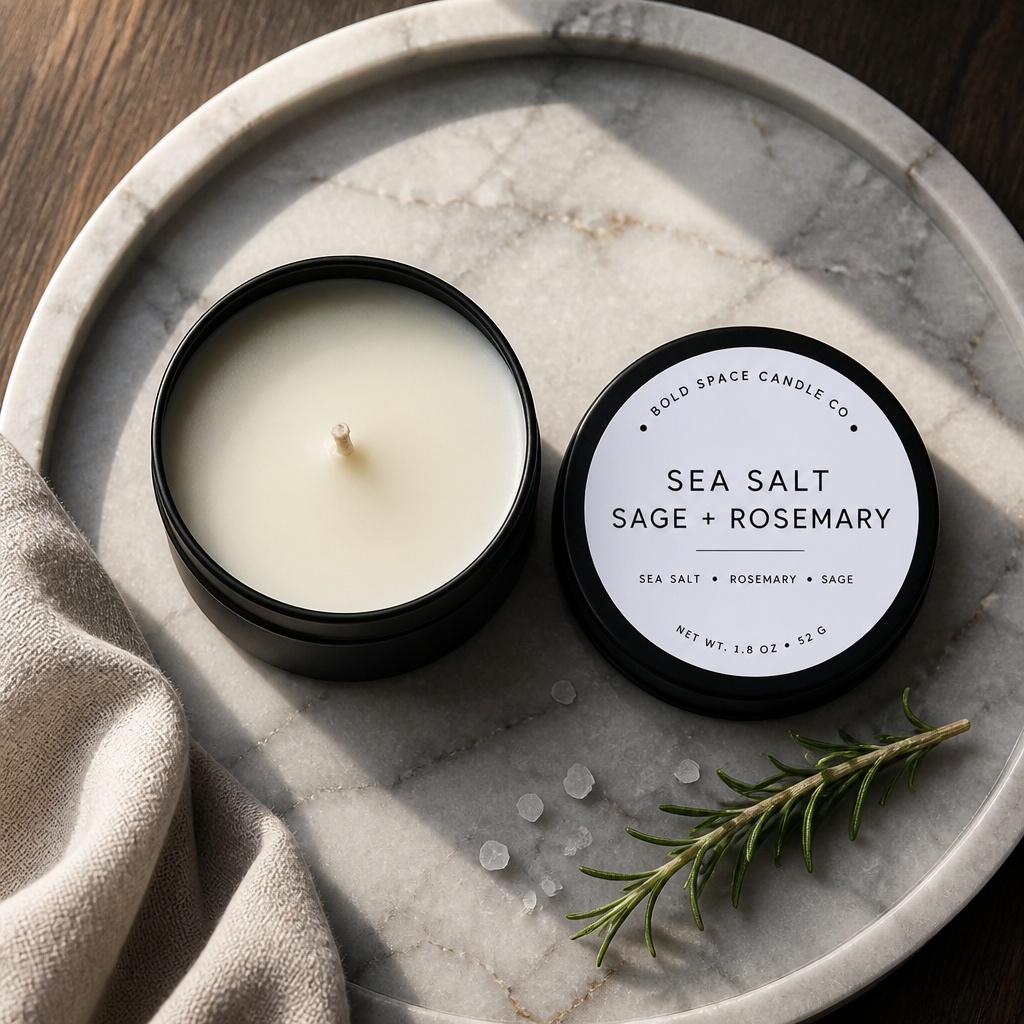 An open black candle tin with creamy off-white wax sits beside its matching lid on a round white marble tray. The lid reads 'BOLD SPACE CANDLE CO.
