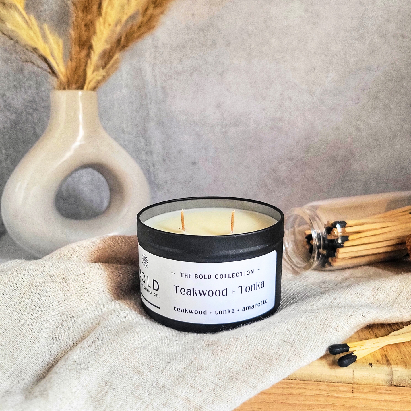 Teakwood & Tonka- Mahogany Teakwood + Amaretto + Tonka bean | 6 oz. Black Tin