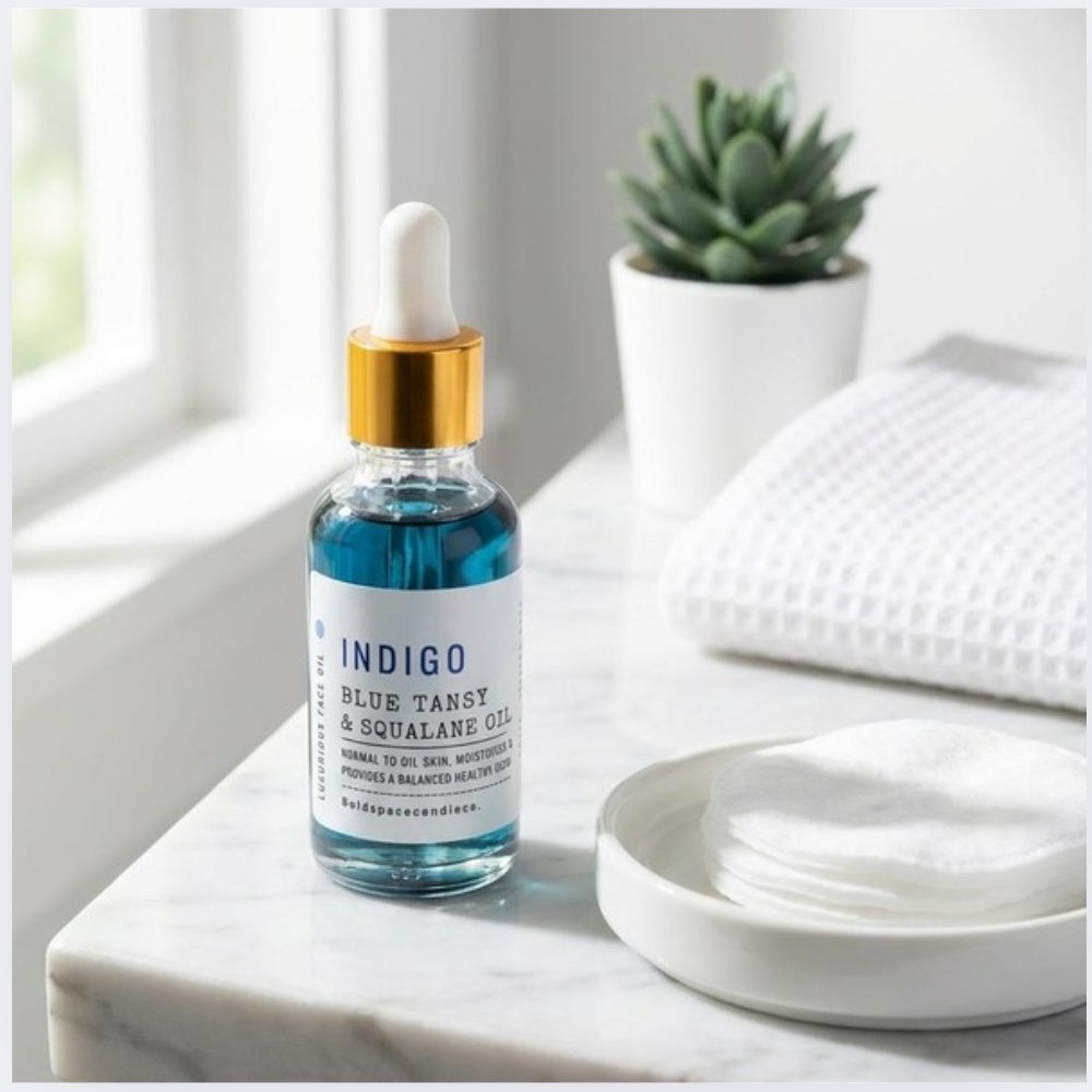 Bottle of Indigo Blue Tansy & Squalane Oil on a marble surface with a plant and towel in the background.