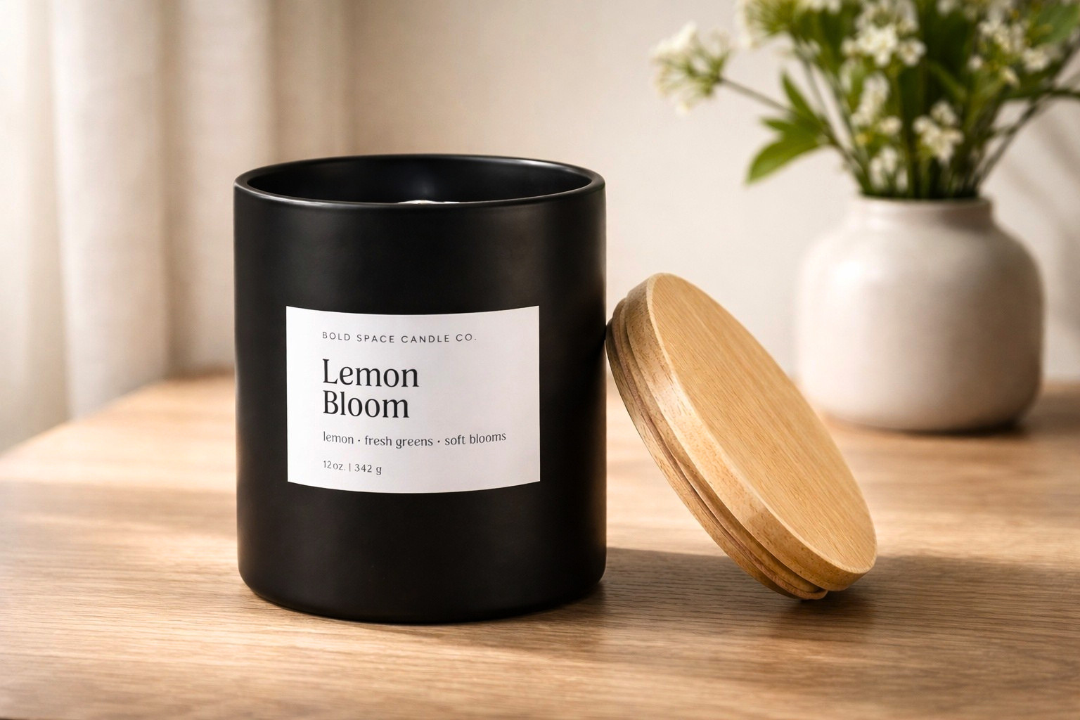 Summer candle called Lemon Bloom. Candle on counter with sunshine coming through window.
