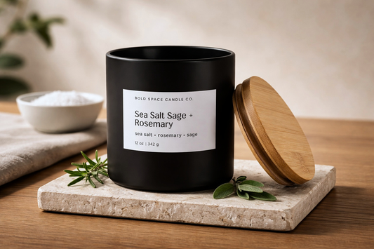 Sea Salt Sage Rosemary soy candle in black ceramic jar with bamboo lid, clean herbal scent for a calm and refreshing home atmosphere
