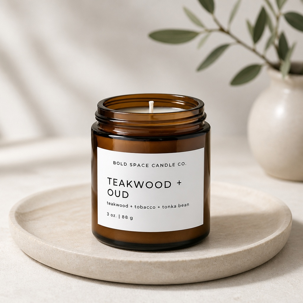 Teakwood + Oud candle in a brown jar on a beige plate with a plant in the background