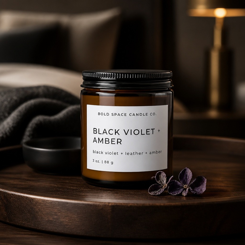 Candle jar labeled 'Black Violet + Amber' on a wooden surface with flowers.
