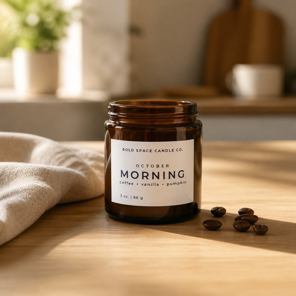 An amber glass candle jar labeled 'BOLD SPACE CANDLE CO. OCTOBER MORNING' sits on a wooden table with coffee beans nearby and a soft beige cloth in the foreground.
