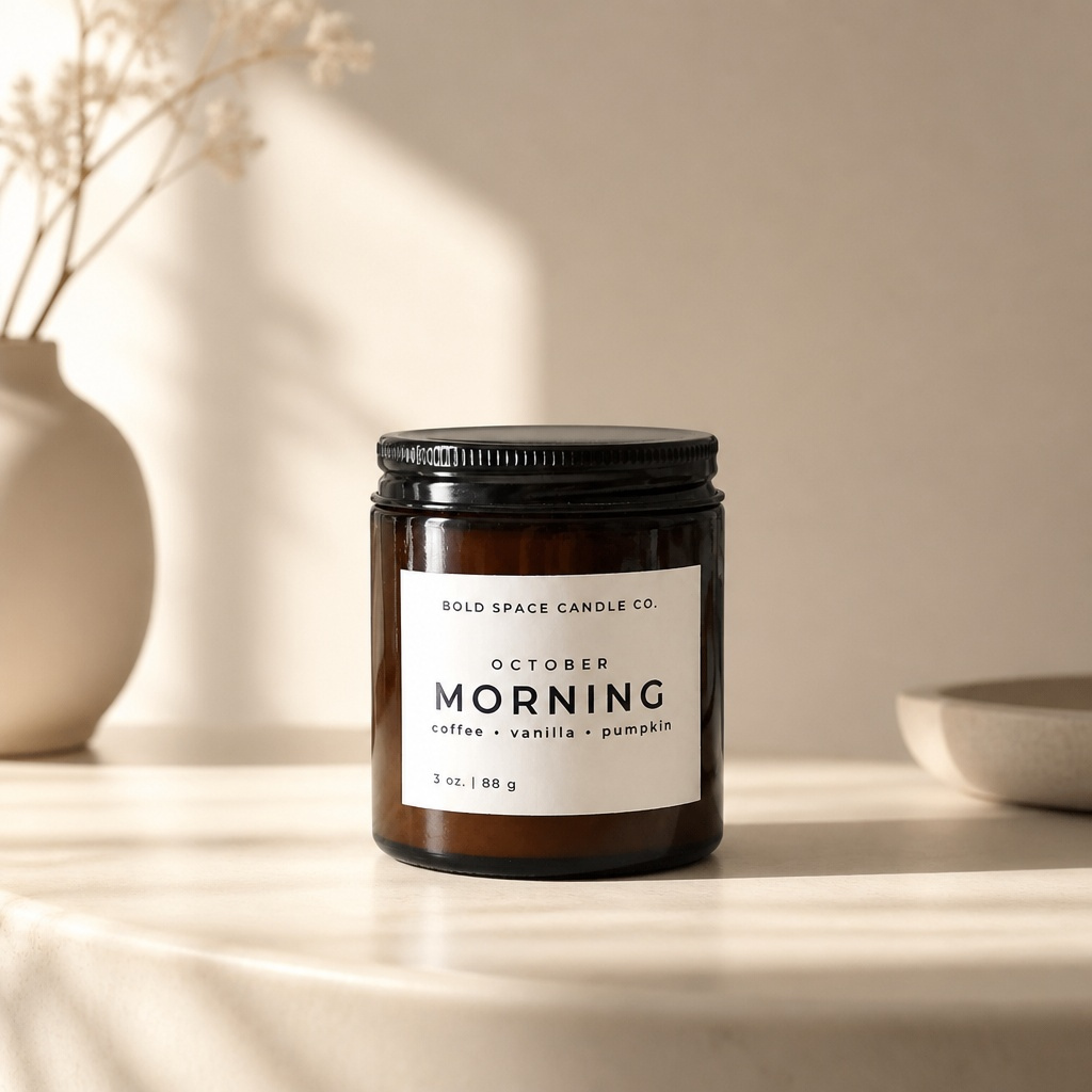 A candle in an amber glass jar with a black lid and a white label reading 'BOLD SPACE CANDLE CO. OCTOBER MORNING coffee • vanilla • pumpkin'.