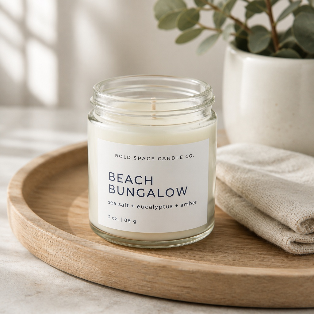 Candle labeled 'Beach Bungalow' on a wooden tray with a plant and towel in the background.