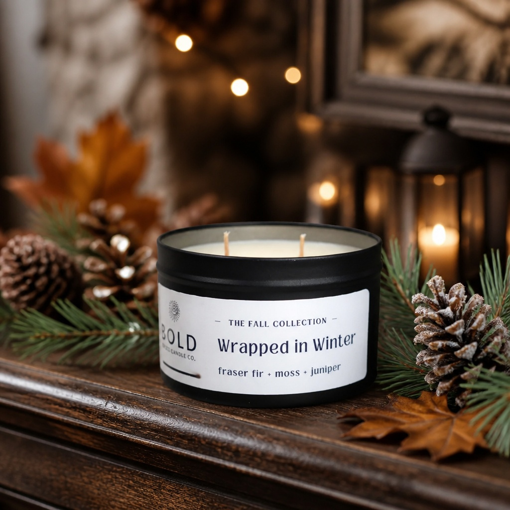 A black candle tin with a white label reading 'The Fall Collection Wrapped in Winter' sits on a wooden surface surrounded by pine branches, pinecones, and warm string lights in a cozy indoor setting.