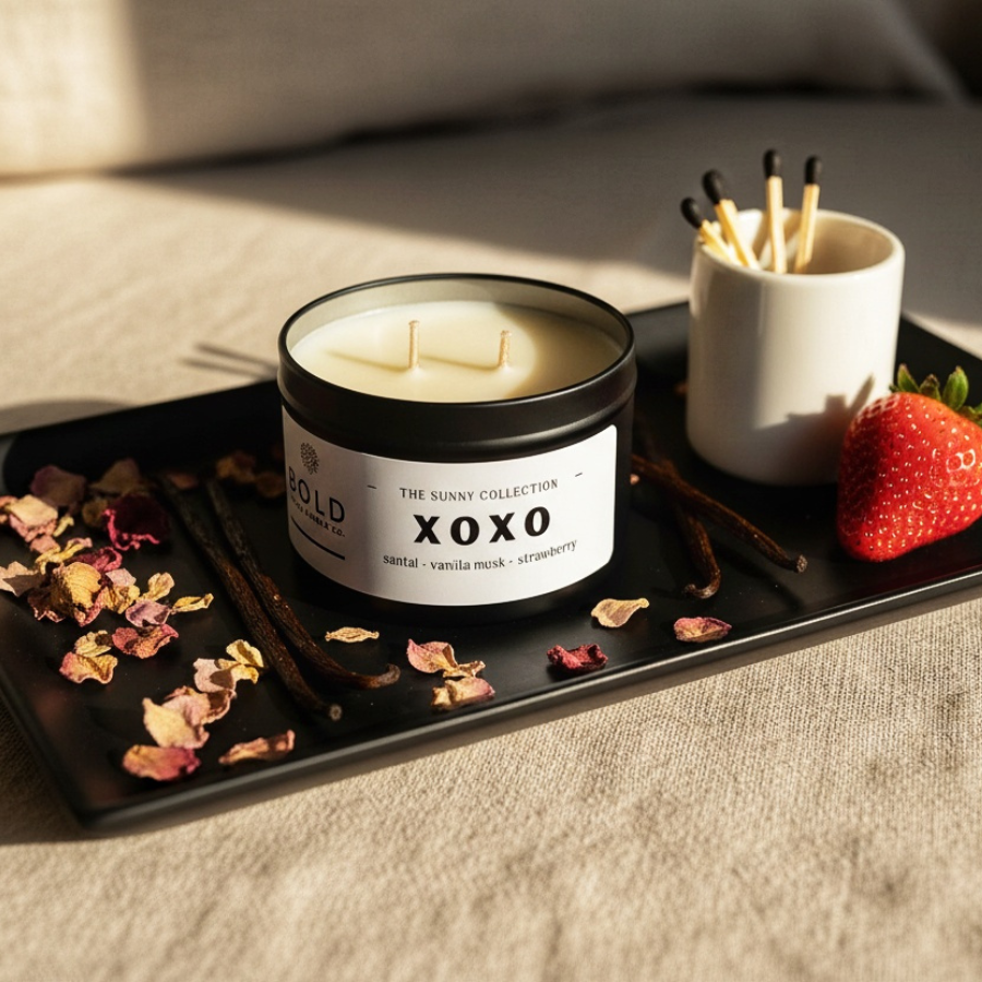 Candle with 'XOXO' label on a tray with dried flowers, a strawberry, and matches.