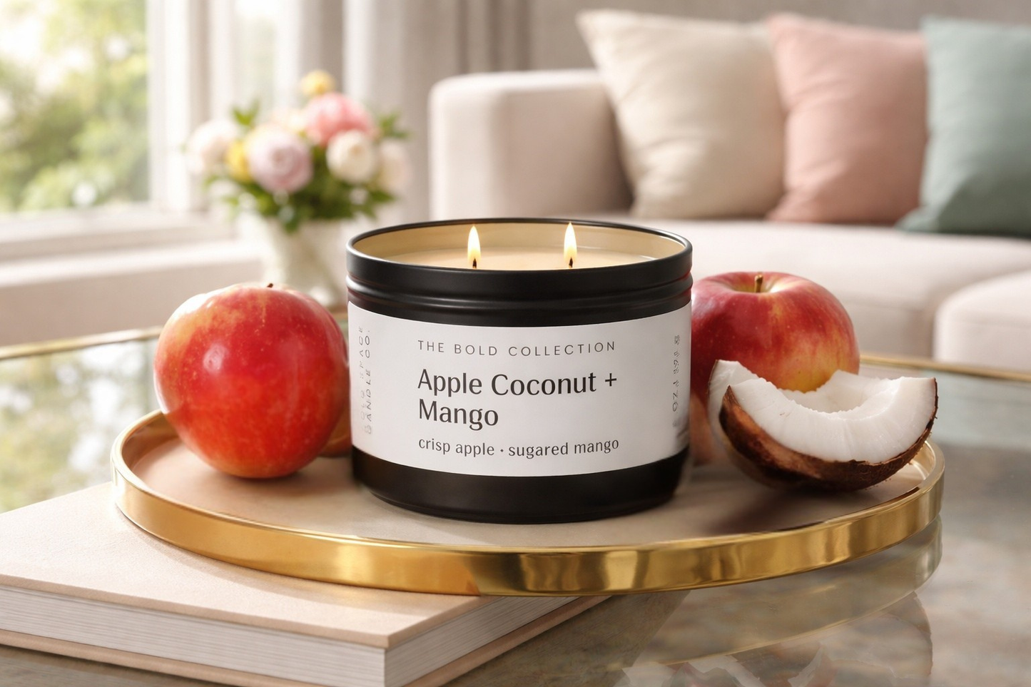 Candle labeled 'Apple Coconut + Mango' on a gold tray with apples and a coconut, in a home setting.