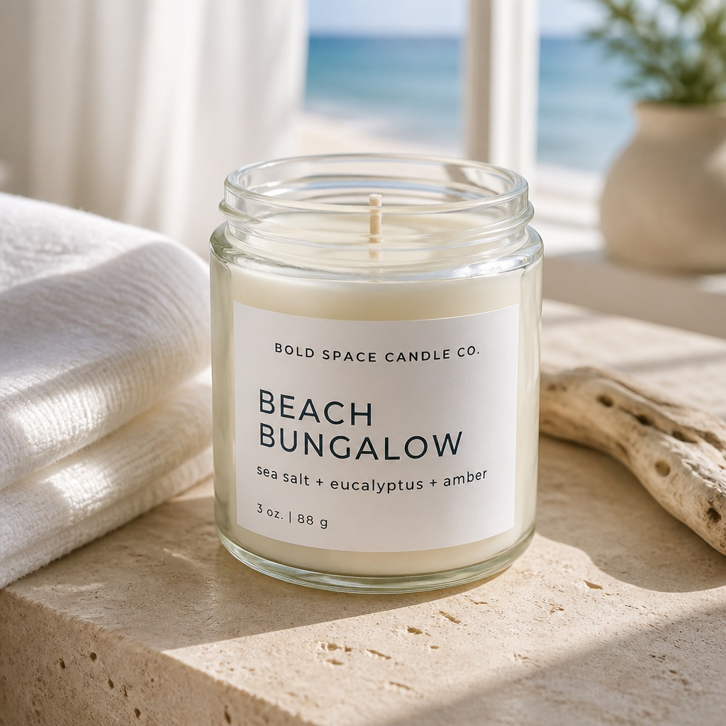 Candle labeled 'Beach Bungalow' by Bold Space Candle Co. on a beach-themed setting with ocean view.