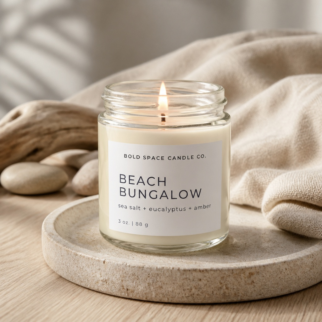 Candle labeled 'Beach Bungalow' from Bold Space Candle Co. on a wooden surface with a neutral background.