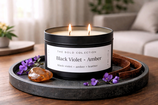Candle with 'Black Violet + Amber' label on a stone tray with decorative elements in a home setting.