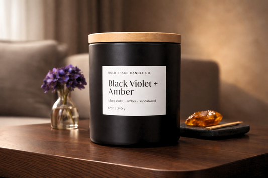 Black Violet & Amber- Black Violet + Amber + Leather- 12 oz. Soy Candle