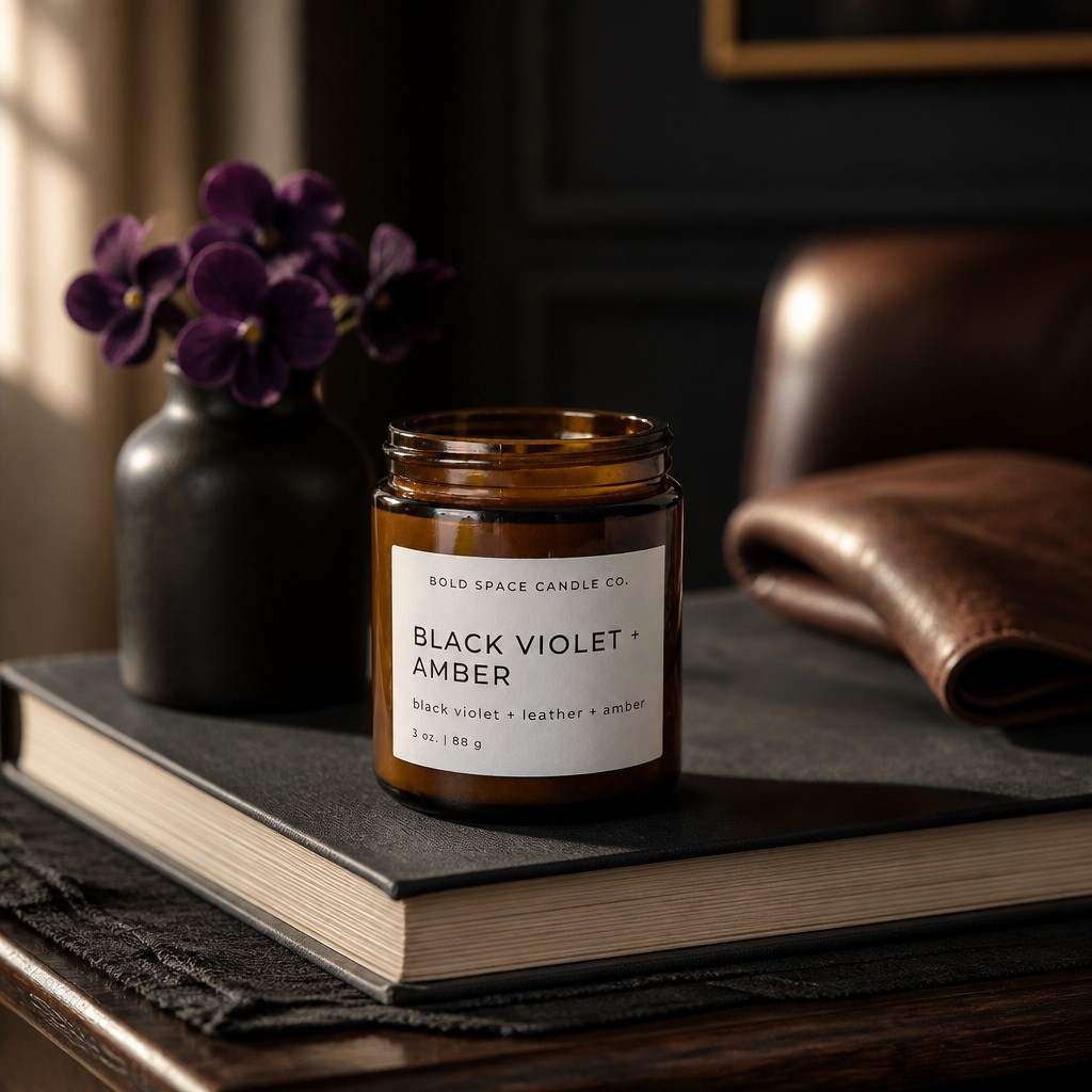 Candle labeled 'Black Violet + Amber' on a book with a vase of purple flowers in the background.