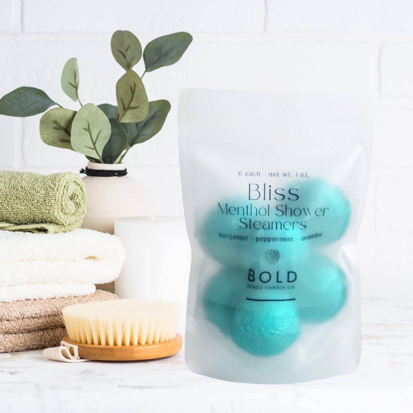 Bliss menthol shower steamers with bergamot, peppermint, and lavender in frosted pouch