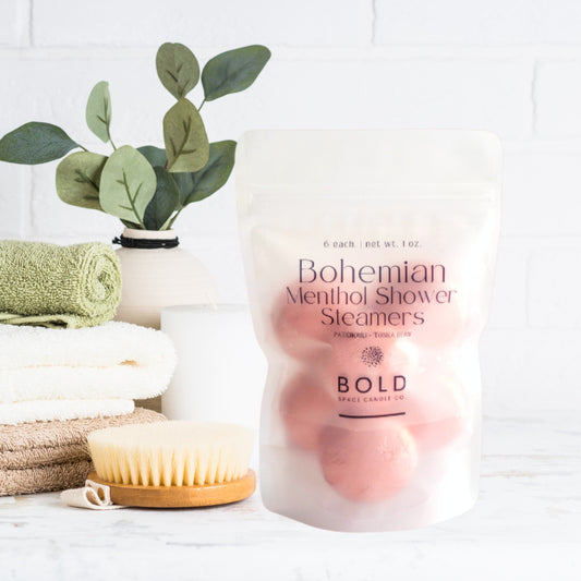 Bohemian menthol shower steamers with patchouli and tonka bean in frosted pouch