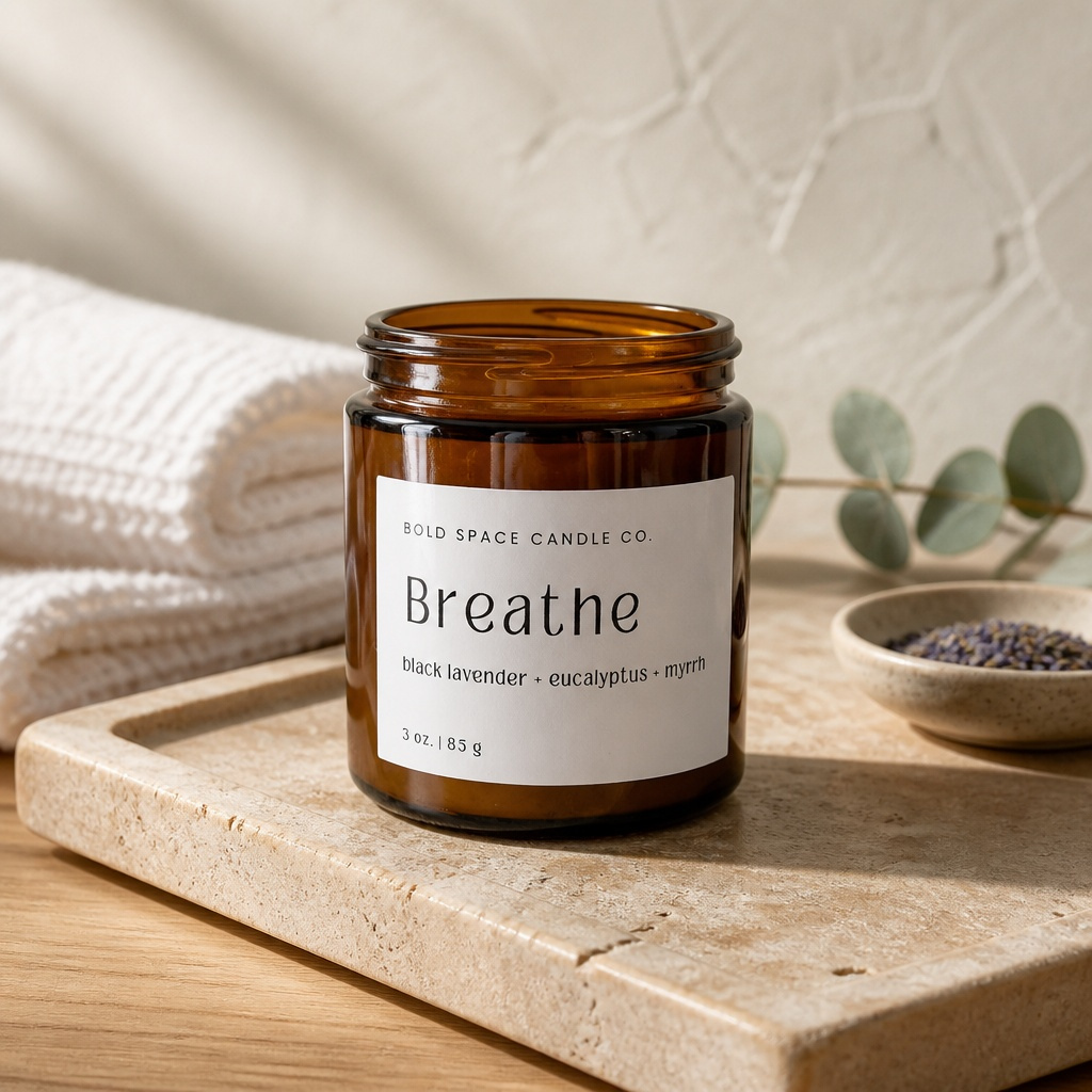 Brown candle jar labeled 'Breathe' on a wooden surface with a textured wall and eucalyptus leaves in the background.