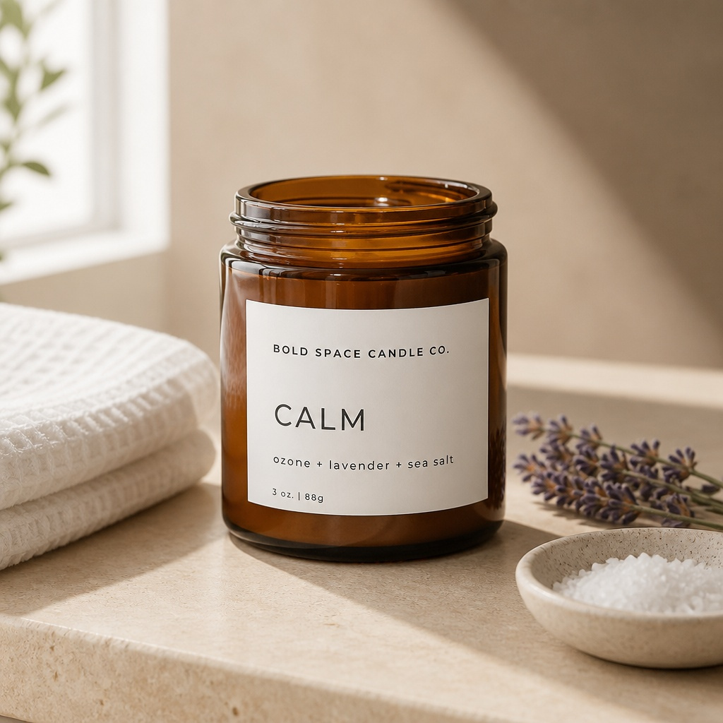 Candle labeled 'Calm' from Bold Space Candle Co. on a neutral surface with lavender and sea salt.