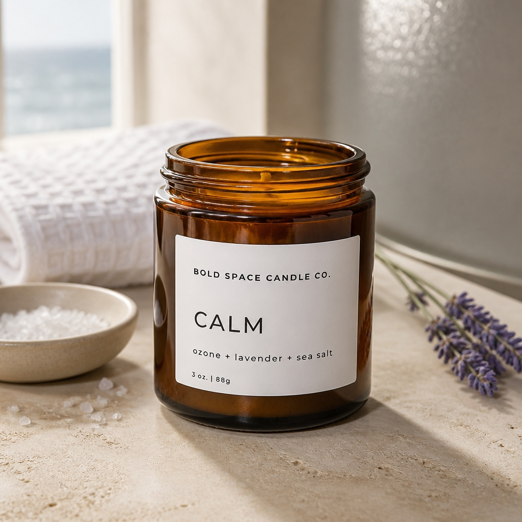 Candle labeled 'Calm' from Bold Space Candle Co. on a surface with lavender and a bowl.