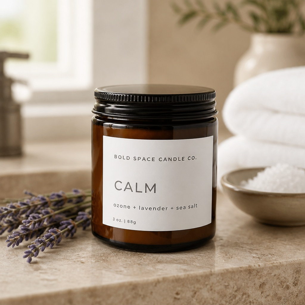 Candle jar labeled 'Calm' by Bold Space Candle Co. on a bathroom counter with lavender and towels.