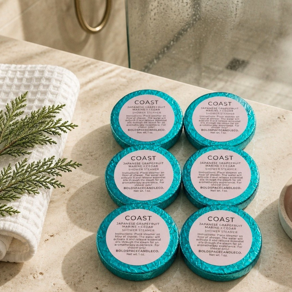 6 shower steamers wrapped in teal foil on bathroom counter