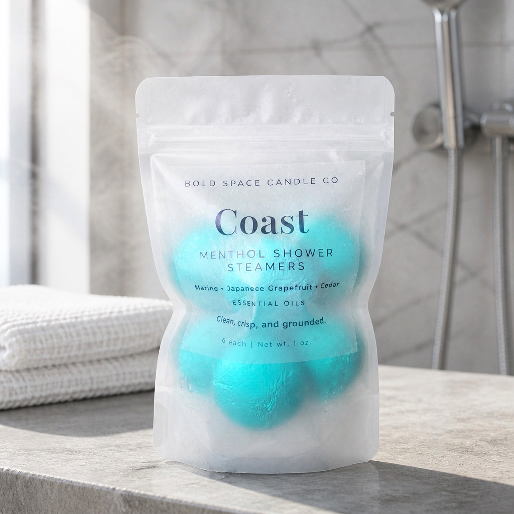 Coast Menthol shower steamers on bathroom counter