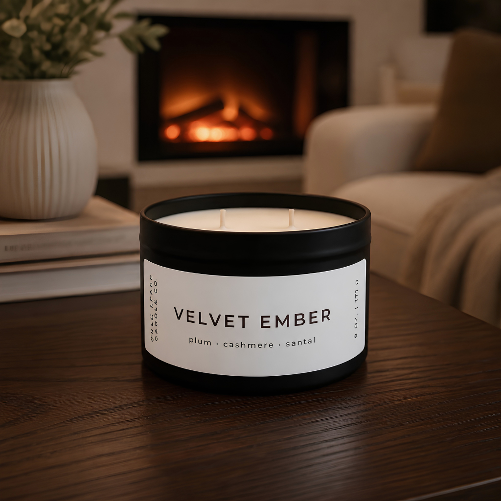 A black metal candle jar with a white label reading 'VELVET EMBER' sits on a dark wooden table in a cozy living room with a fireplace and sofa in the background.