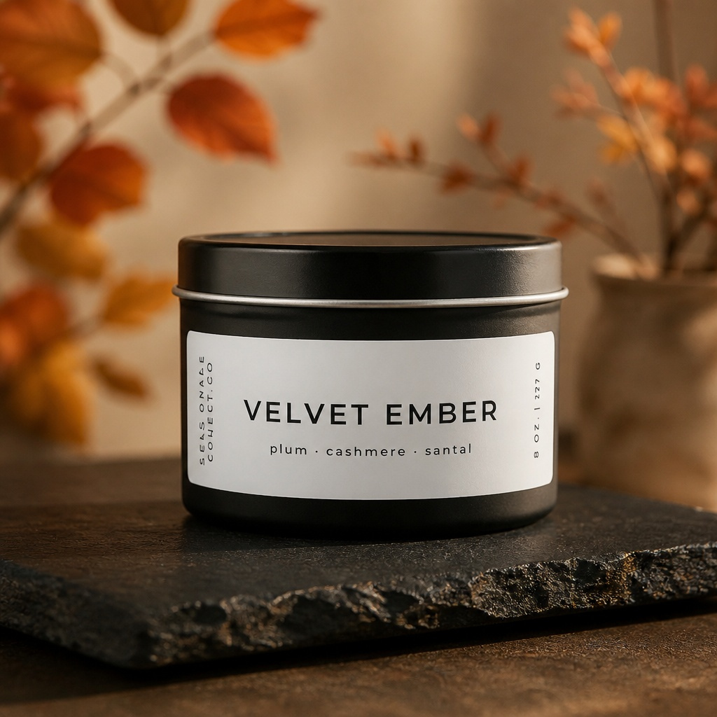 A black metal tin candle labeled 'VELVET EMBER' with scent notes 'plum cashmere santal', resting on a dark stone slab with warm autumn foliage blurred in the background.