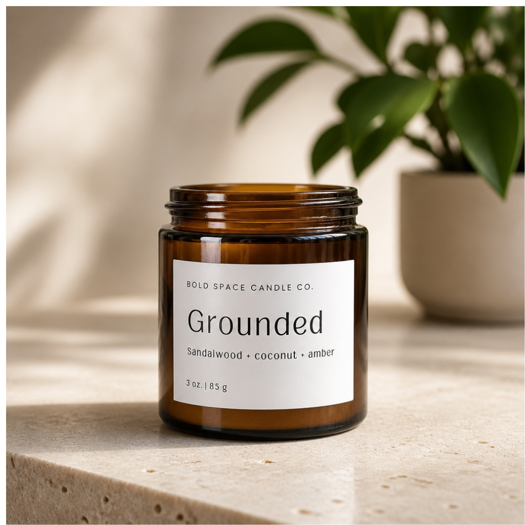 Candle jar labeled 'Grounded' by Bold Space Candle Co. on a surface with a plant in the background.