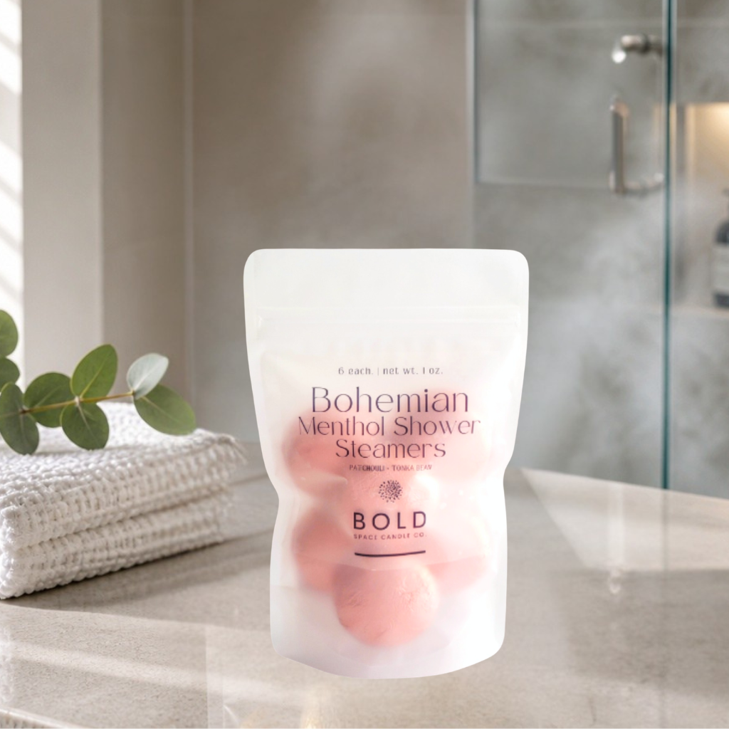 Bohemian Menthol Shower Steamers packaging on a bathroom counter with a blurred background