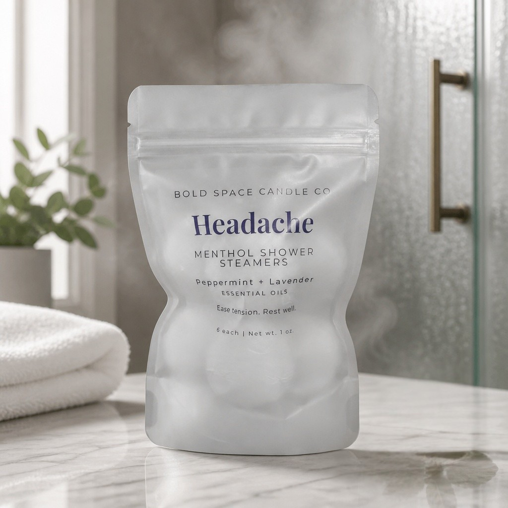 Package of 'Headache' shower steamers on a bathroom counter with steam in the background