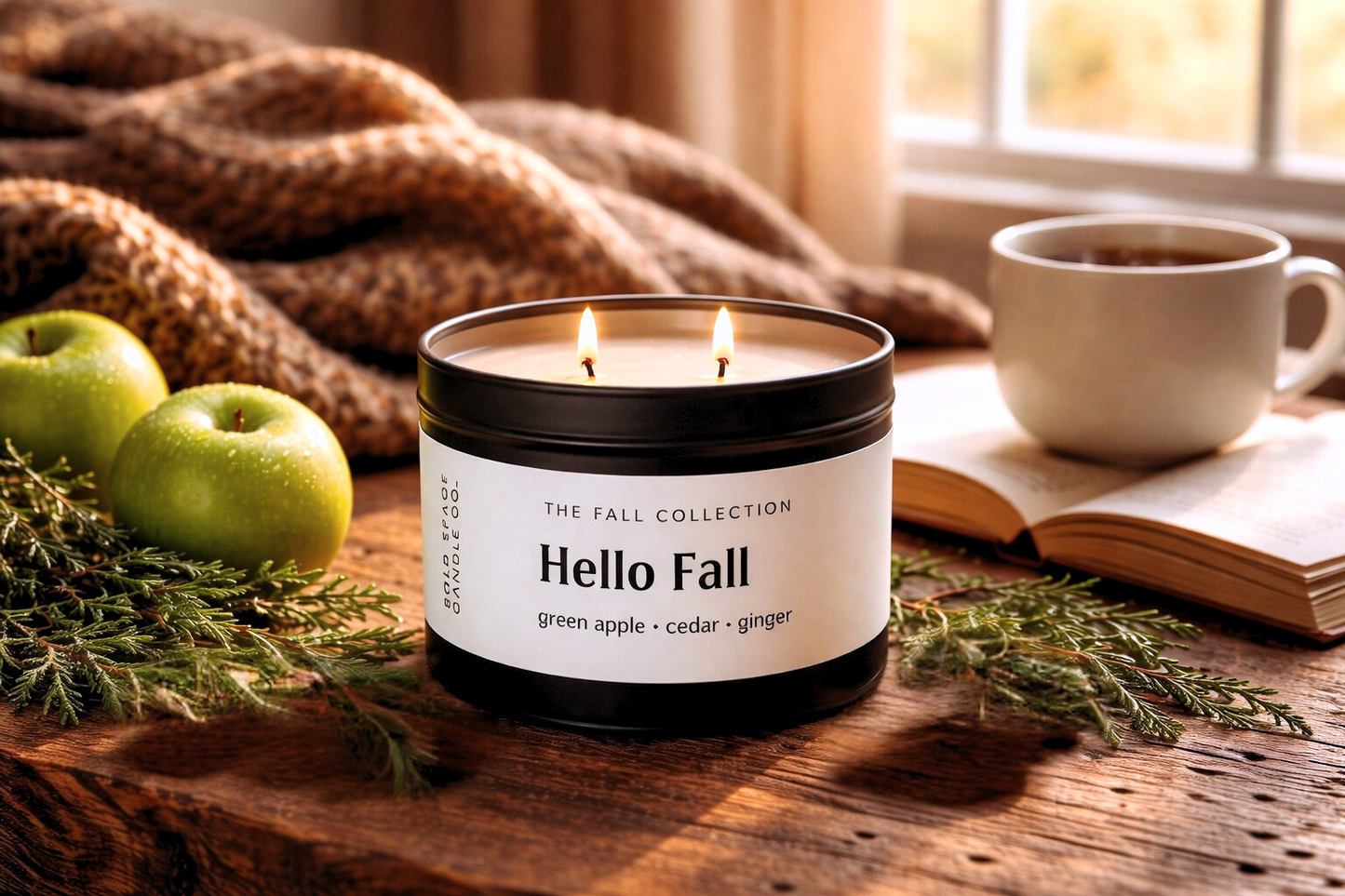 Candle labeled 'Hello Fall' with apples, a mug, and an open book on a wooden surface.