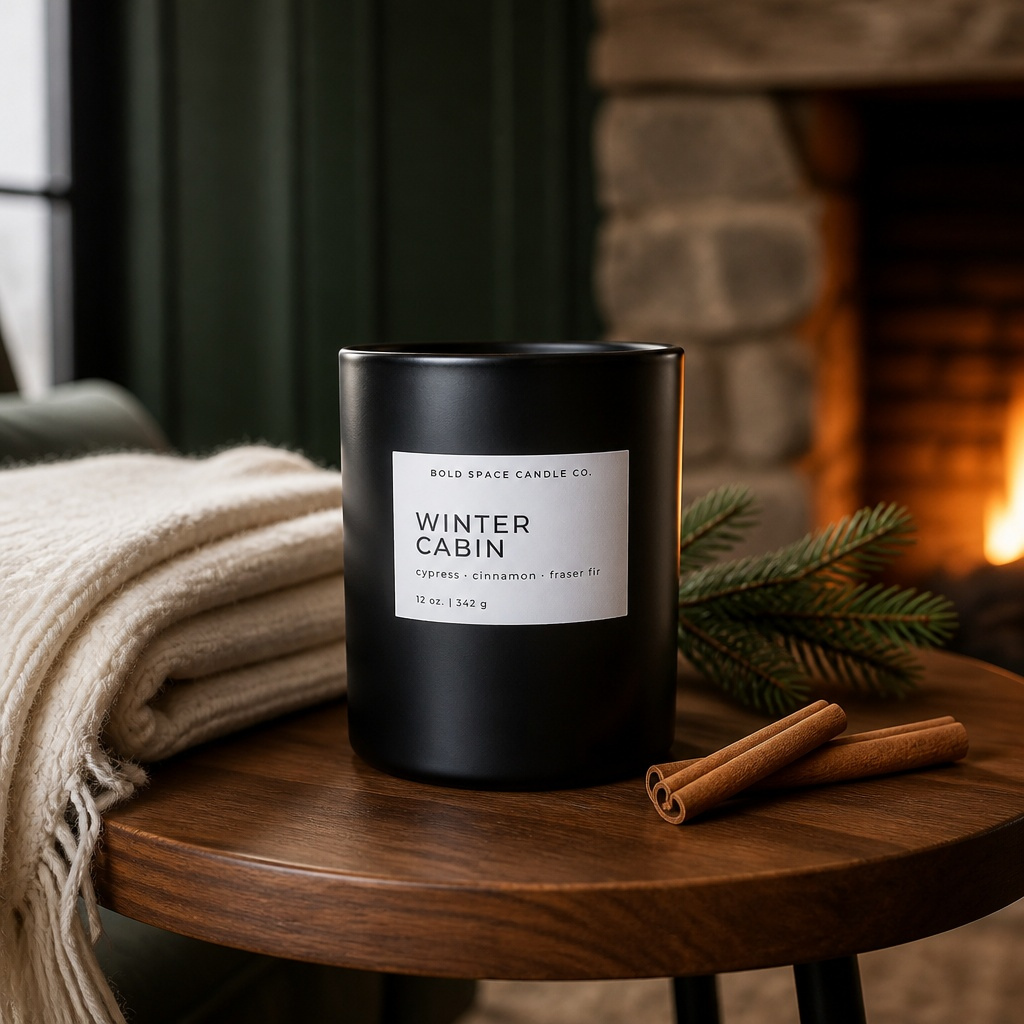 A matte black candle jar labeled 'WINTER CABIN' by Bold Space Candle Co., styled on a wooden table beside a cozy blanket, cinnamon sticks, and evergreen branches in front of a warm fireplace.